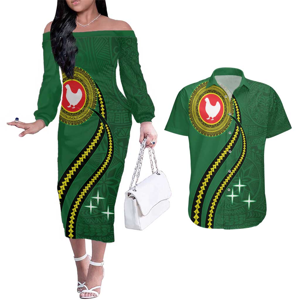 Manua Islands Polynesian Style Couples Matching Off The Shoulder Long Sleeve Dress and Hawaiian Shirt LT9 Green - Polynesian Pride