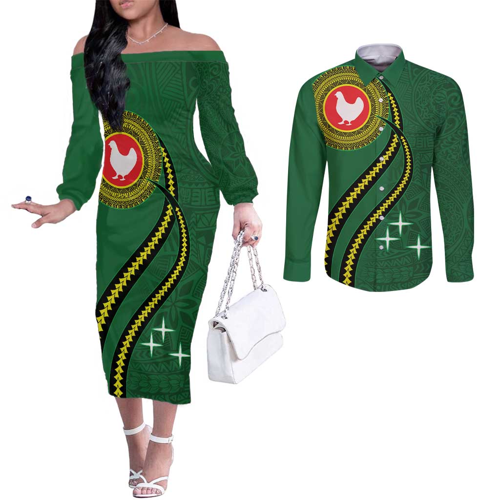 Manua Islands Polynesian Style Couples Matching Off The Shoulder Long Sleeve Dress and Long Sleeve Button Shirt LT9 Green - Polynesian Pride