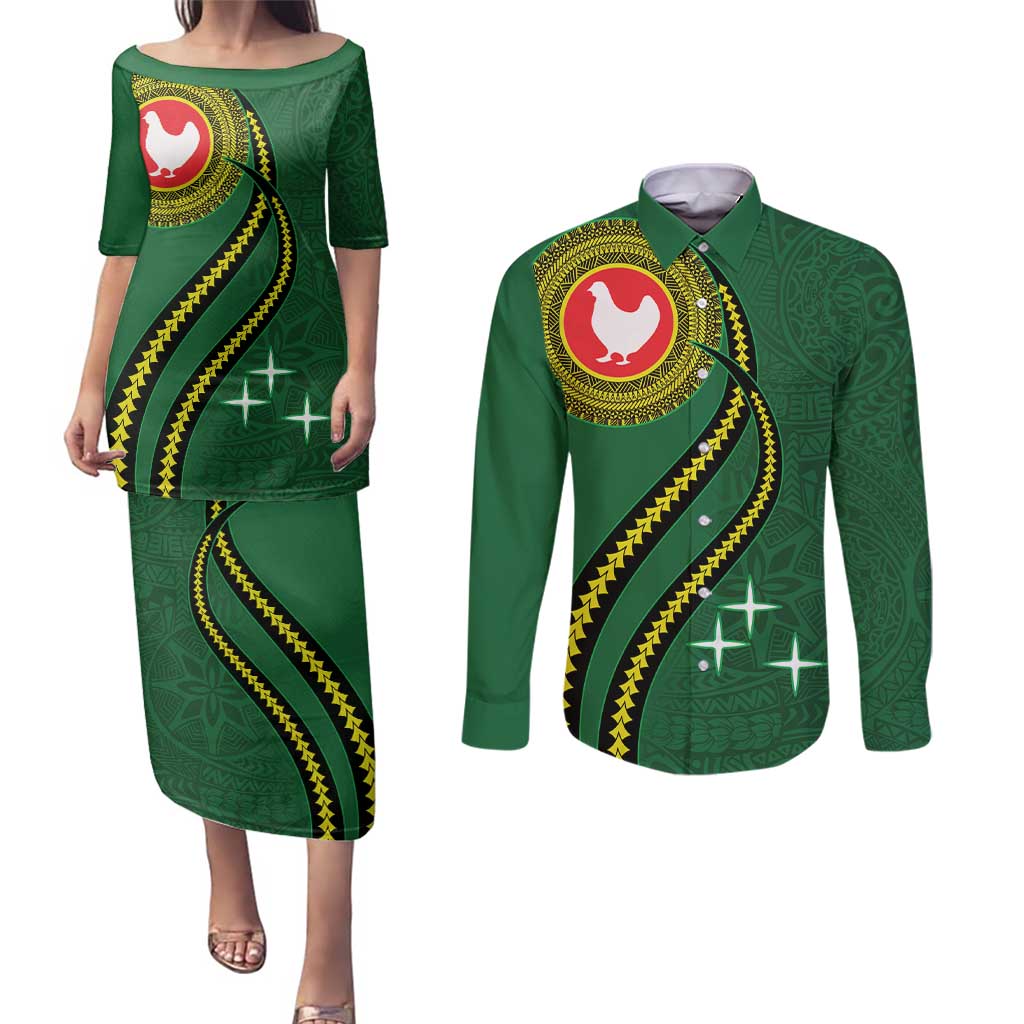 Manua Islands Polynesian Style Couples Matching Puletasi and Long Sleeve Button Shirt