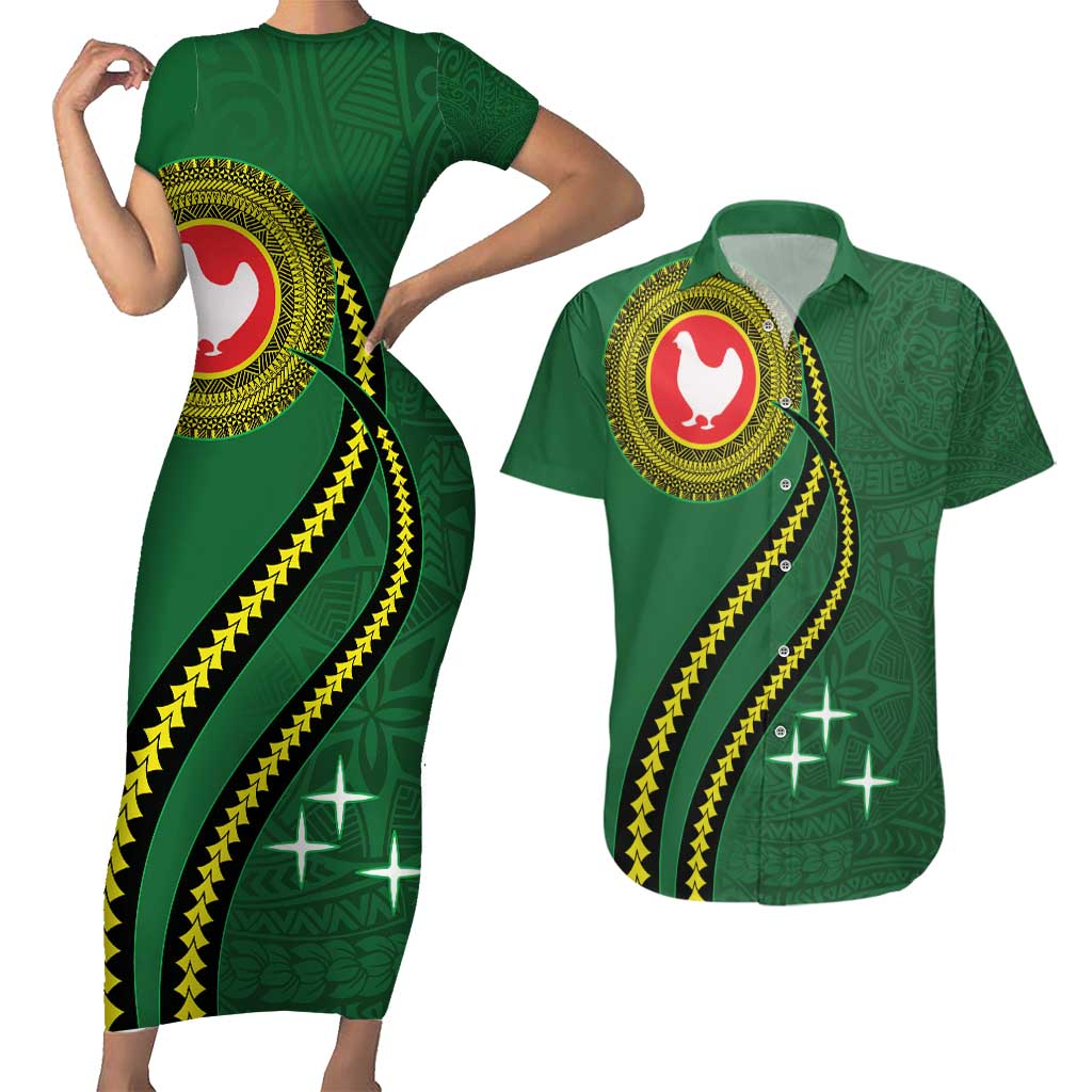 Manua Islands Polynesian Style Couples Matching Short Sleeve Bodycon Dress and Hawaiian Shirt LT9 Green - Polynesian Pride