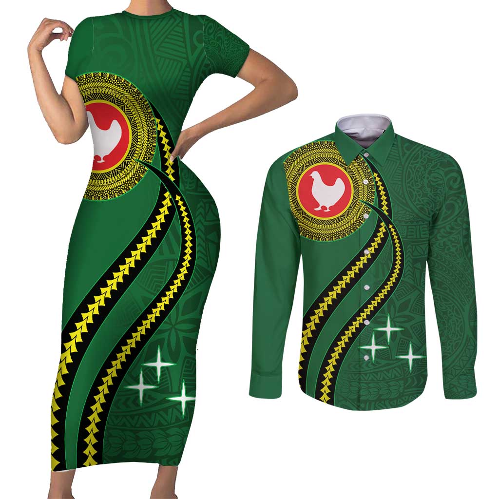 Manua Islands Polynesian Style Couples Matching Short Sleeve Bodycon Dress and Long Sleeve Button Shirt LT9 Green - Polynesian Pride