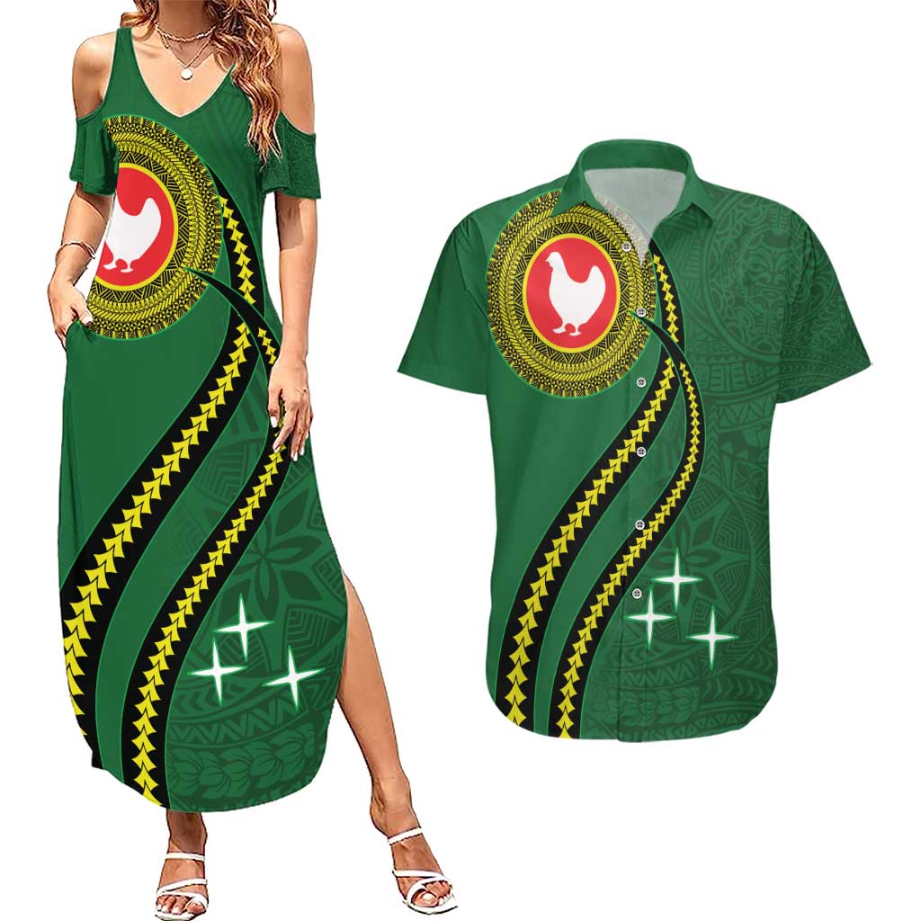 Manua Islands Polynesian Style Couples Matching Summer Maxi Dress and Hawaiian Shirt LT9 Green - Polynesian Pride