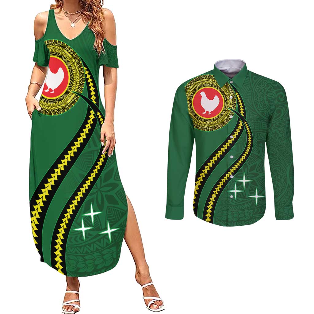 Manua Islands Polynesian Style Couples Matching Summer Maxi Dress and Long Sleeve Button Shirt LT9 Green - Polynesian Pride