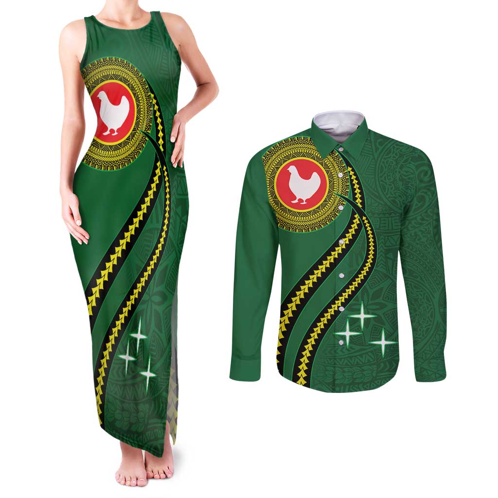 Manua Islands Polynesian Style Couples Matching Tank Maxi Dress and Long Sleeve Button Shirt