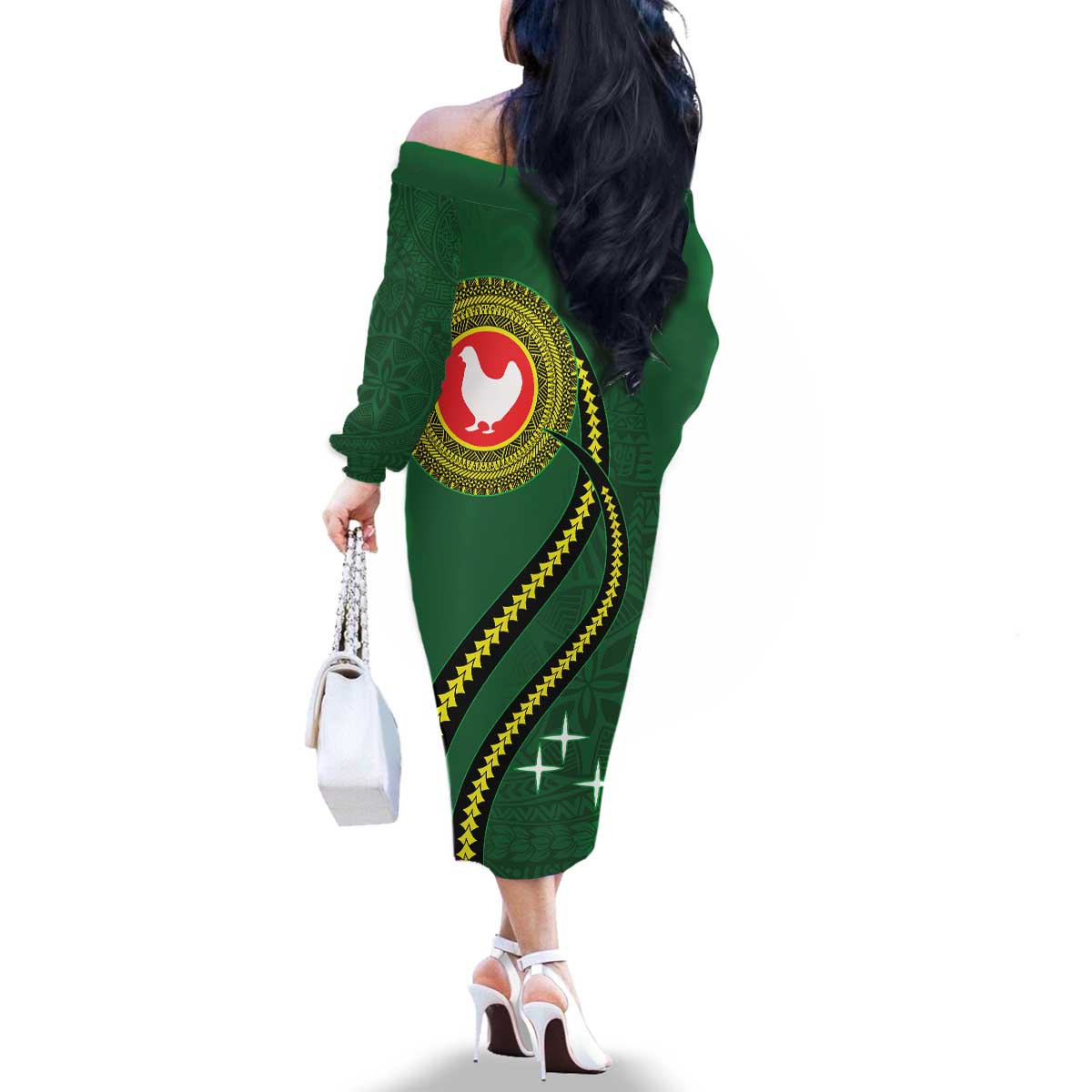 Manua Islands Polynesian Style Family Matching Off The Shoulder Long Sleeve Dress and Hawaiian Shirt