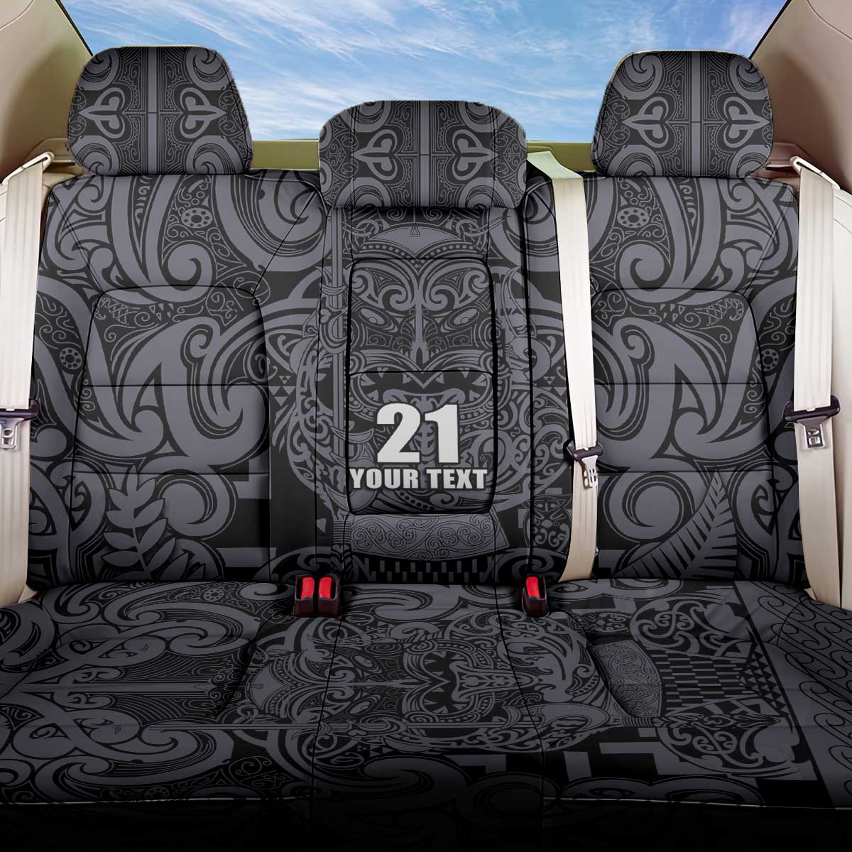 Custom New Zealand Taiaha Maori Back Car Seat Cover Minimalist Silver Fern All Black - Polynesian Pride