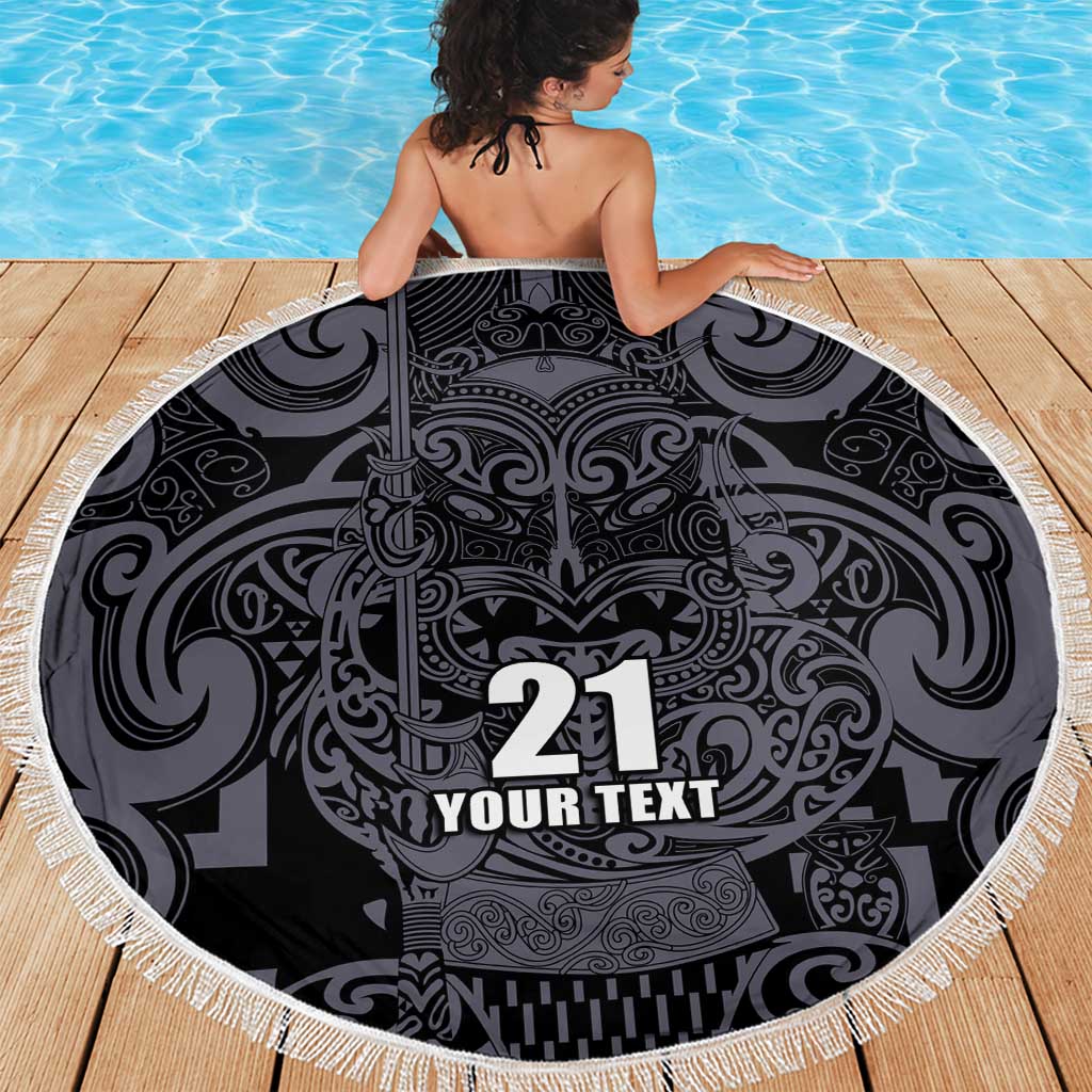 Custom New Zealand Taiaha Maori Beach Blanket Minimalist Silver Fern All Black - Polynesian Pride