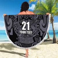 Custom New Zealand Taiaha Maori Beach Blanket Minimalist Silver Fern All Black - Polynesian Pride