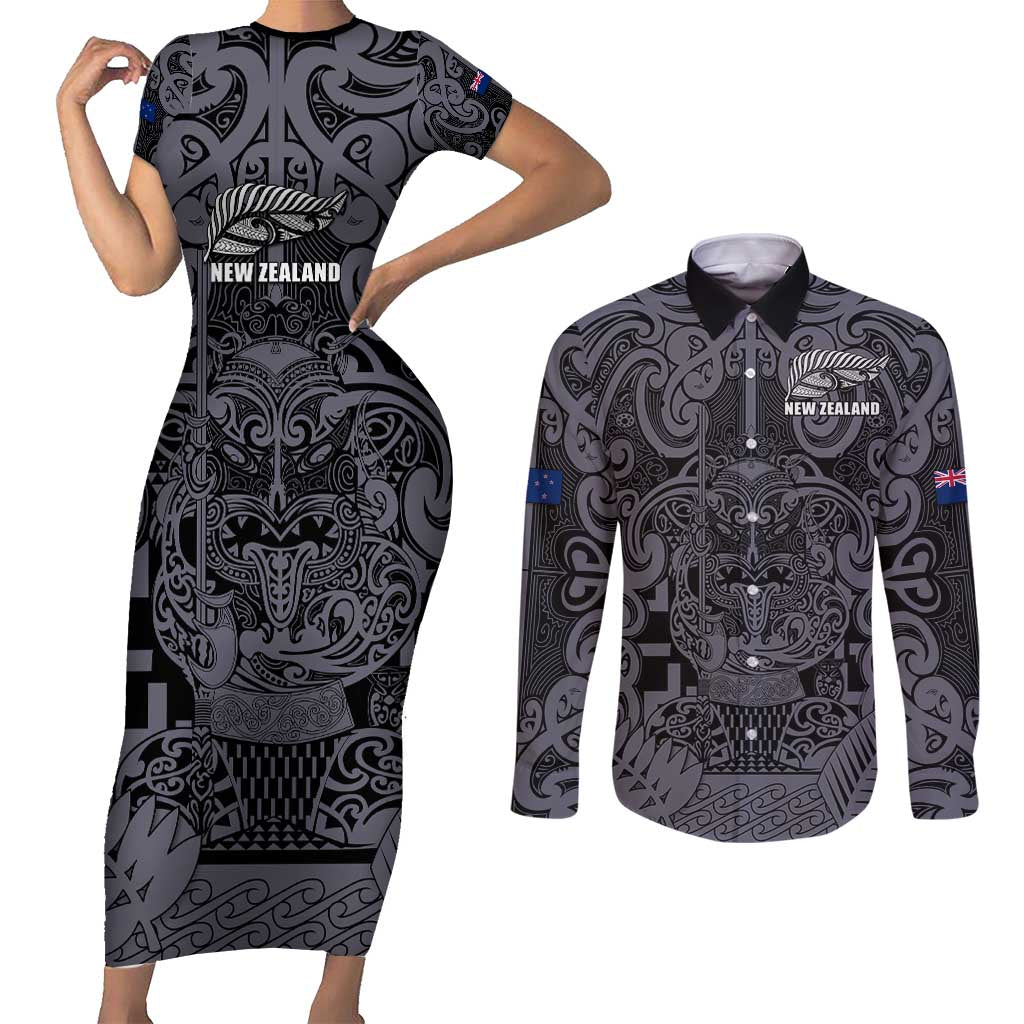 Custom New Zealand Taiaha Maori Couples Matching Short Sleeve Bodycon Dress and Long Sleeve Button Shirt Minimalist Silver Fern All Black - Polynesian Pride