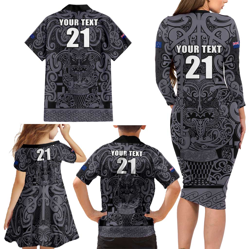 Custom New Zealand Taiaha Maori Family Matching Long Sleeve Bodycon Dress and Hawaiian Shirt Minimalist Silver Fern All Black - Polynesian Pride