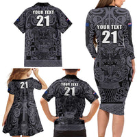 Custom New Zealand Taiaha Maori Family Matching Long Sleeve Bodycon Dress and Hawaiian Shirt Minimalist Silver Fern All Black - Polynesian Pride