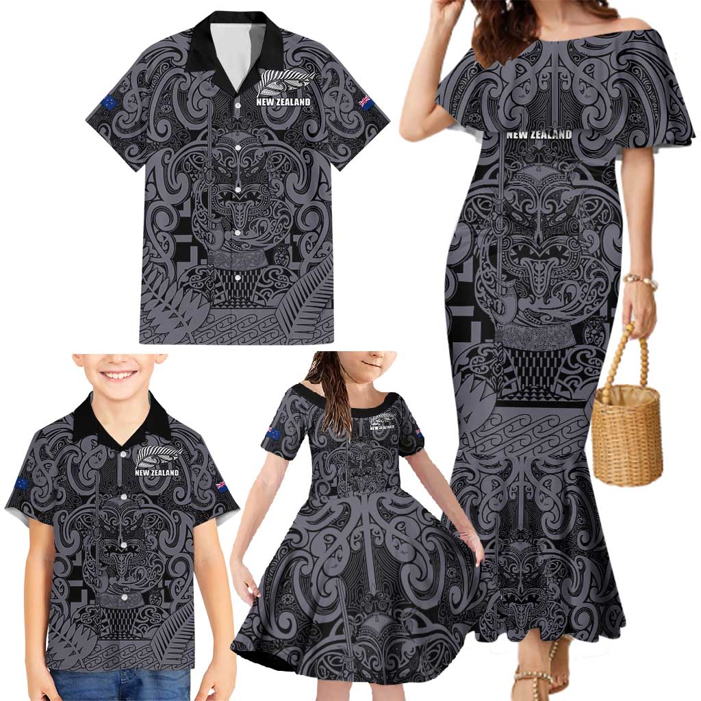 Custom New Zealand Taiaha Maori Family Matching Mermaid Dress and Hawaiian Shirt Minimalist Silver Fern All Black - Polynesian Pride