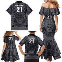 Custom New Zealand Taiaha Maori Family Matching Mermaid Dress and Hawaiian Shirt Minimalist Silver Fern All Black - Polynesian Pride