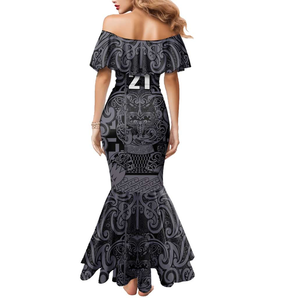 Custom New Zealand Taiaha Maori Family Matching Mermaid Dress and Hawaiian Shirt Minimalist Silver Fern All Black - Polynesian Pride