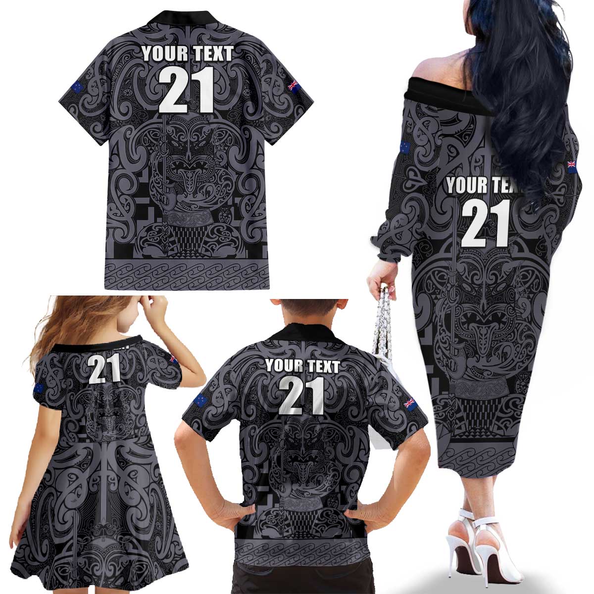 Custom New Zealand Taiaha Maori Family Matching Off The Shoulder Long Sleeve Dress and Hawaiian Shirt Minimalist Silver Fern All Black - Polynesian Pride
