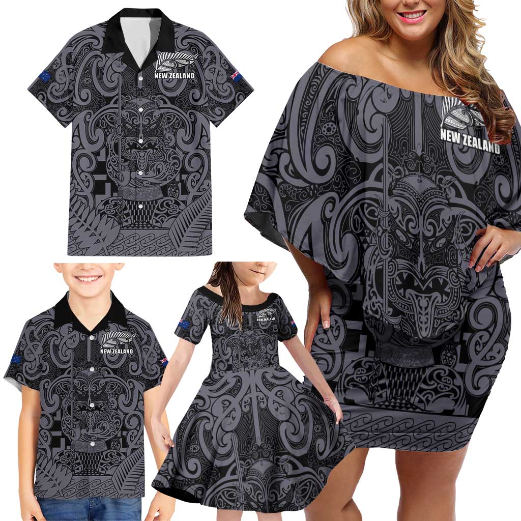 Custom New Zealand Taiaha Maori Family Matching Off Shoulder Short Dress and Hawaiian Shirt Minimalist Silver Fern All Black - Polynesian Pride