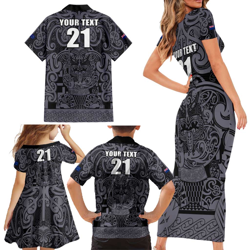 Custom New Zealand Taiaha Maori Family Matching Short Sleeve Bodycon Dress and Hawaiian Shirt Minimalist Silver Fern All Black - Polynesian Pride
