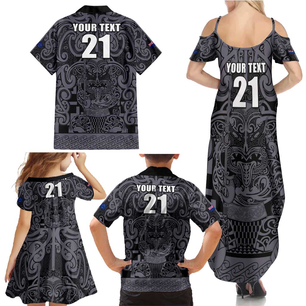 Custom New Zealand Taiaha Maori Family Matching Summer Maxi Dress and Hawaiian Shirt Minimalist Silver Fern All Black - Polynesian Pride