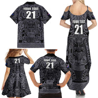 Custom New Zealand Taiaha Maori Family Matching Summer Maxi Dress and Hawaiian Shirt Minimalist Silver Fern All Black - Polynesian Pride