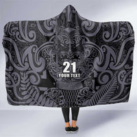Custom New Zealand Taiaha Maori Hooded Blanket Minimalist Silver Fern All Black - Polynesian Pride