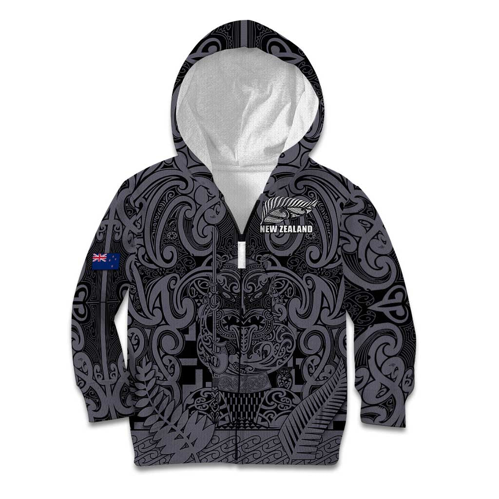 Custom New Zealand Taiaha Maori Kid Hoodie Minimalist Silver Fern All Black - Polynesian Pride