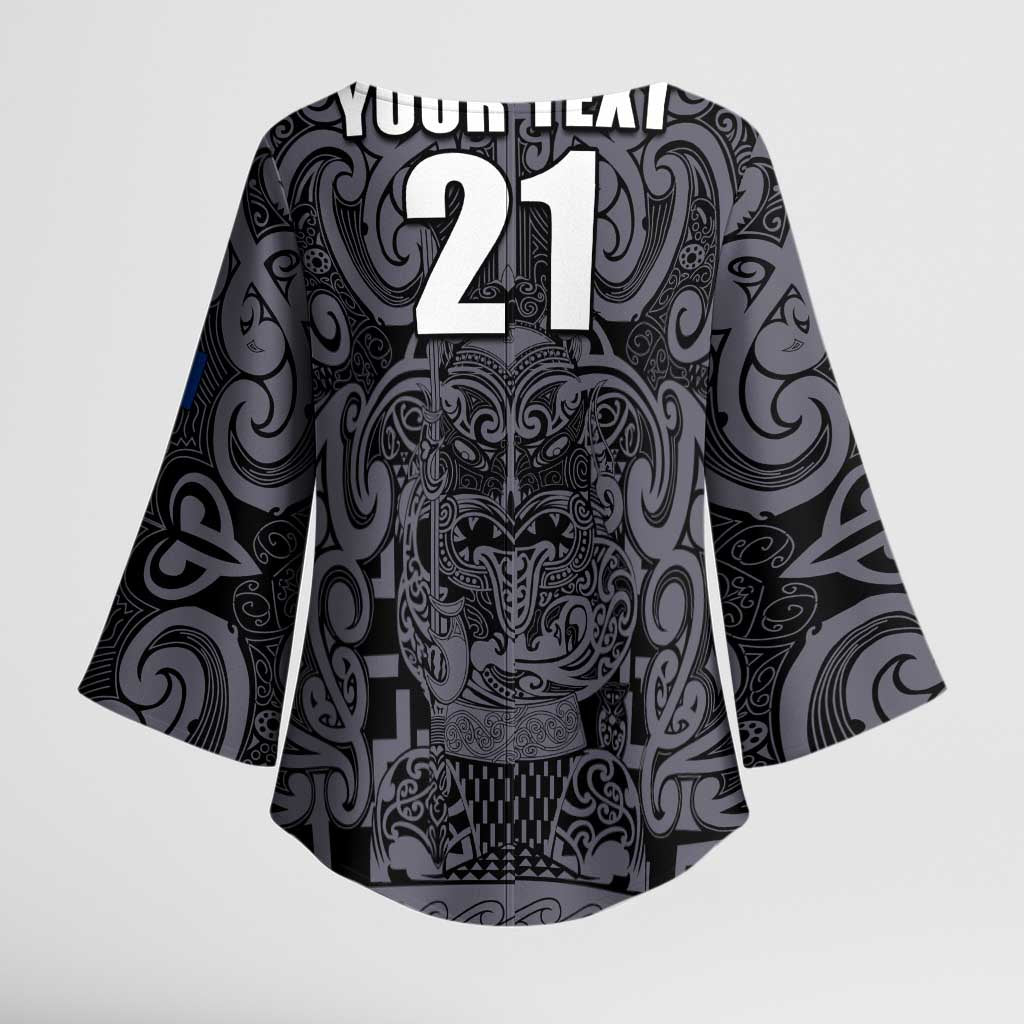Custom New Zealand Taiaha Maori Kimono Sleeve Blouse Minimalist Silver Fern All Black - Polynesian Pride