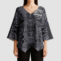 Custom New Zealand Taiaha Maori Kimono Sleeve Blouse Minimalist Silver Fern All Black - Polynesian Pride