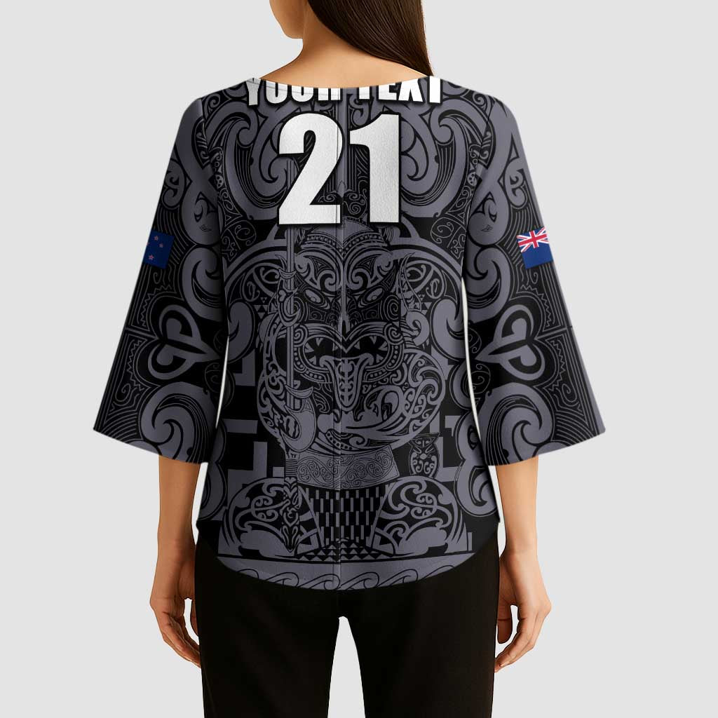 Custom New Zealand Taiaha Maori Kimono Sleeve Blouse Minimalist Silver Fern All Black - Polynesian Pride