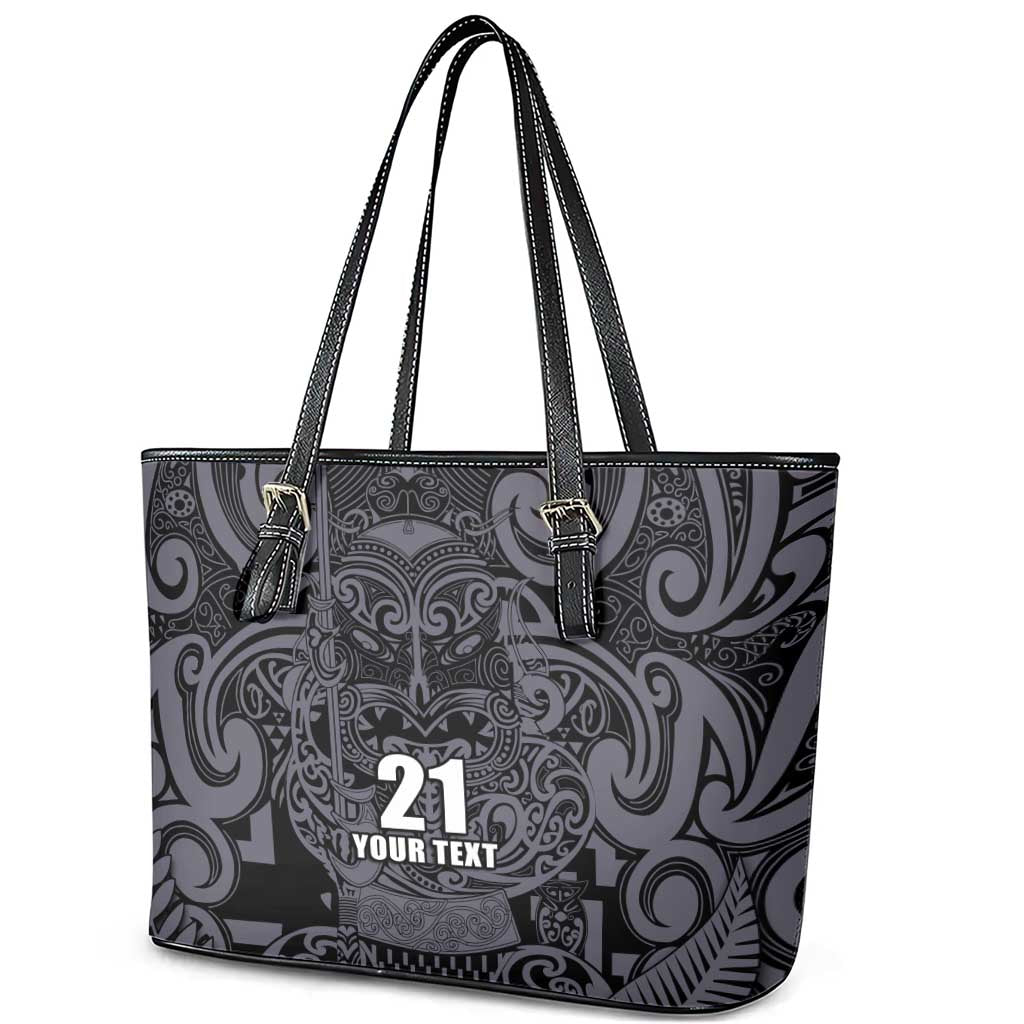 Custom New Zealand Taiaha Maori Leather Tote Bag Minimalist Silver Fern All Black - Polynesian Pride