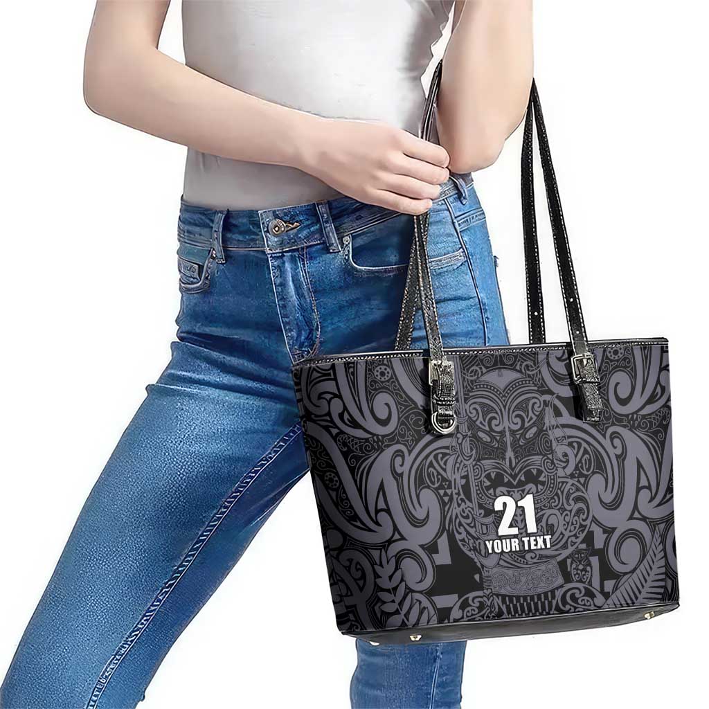 Custom New Zealand Taiaha Maori Leather Tote Bag Minimalist Silver Fern All Black - Polynesian Pride