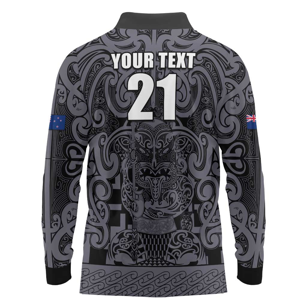 Custom New Zealand Taiaha Maori Long Sleeve Polo Shirt Minimalist Silver Fern All Black - Polynesian Pride