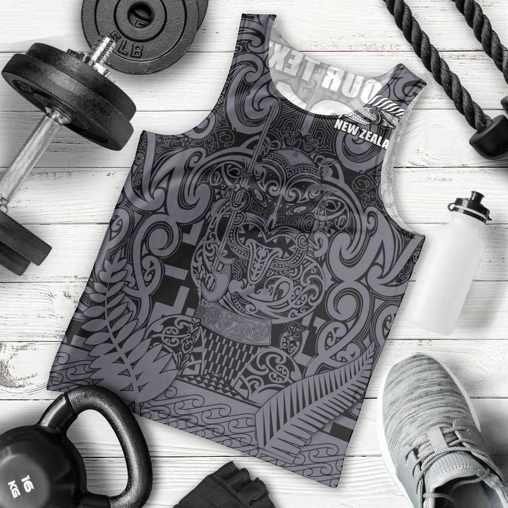 Custom New Zealand Taiaha Maori Men Tank Top Minimalist Silver Fern All Black - Polynesian Pride