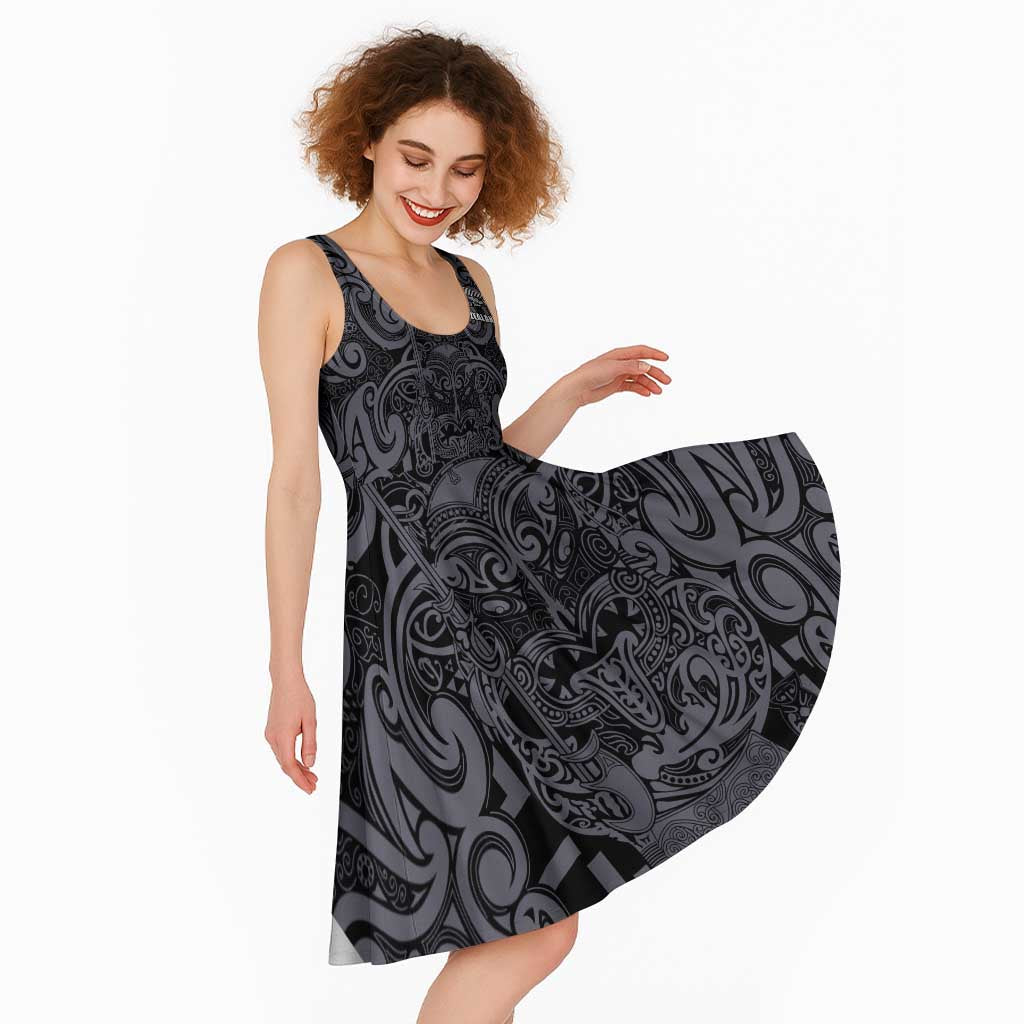 Custom New Zealand Taiaha Maori Midi Dress Minimalist Silver Fern All Black - Polynesian Pride