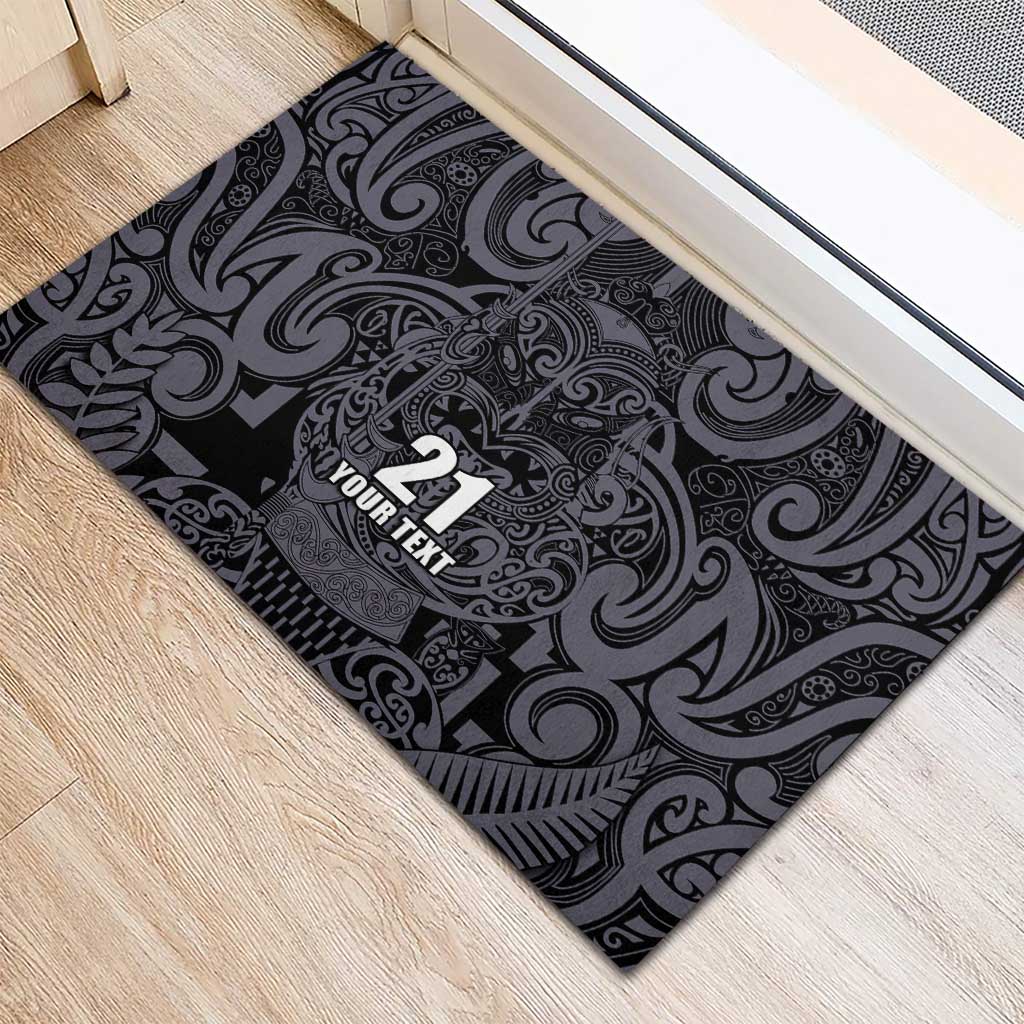 Custom New Zealand Taiaha Maori Rubber Doormat Minimalist Silver Fern All Black - Polynesian Pride