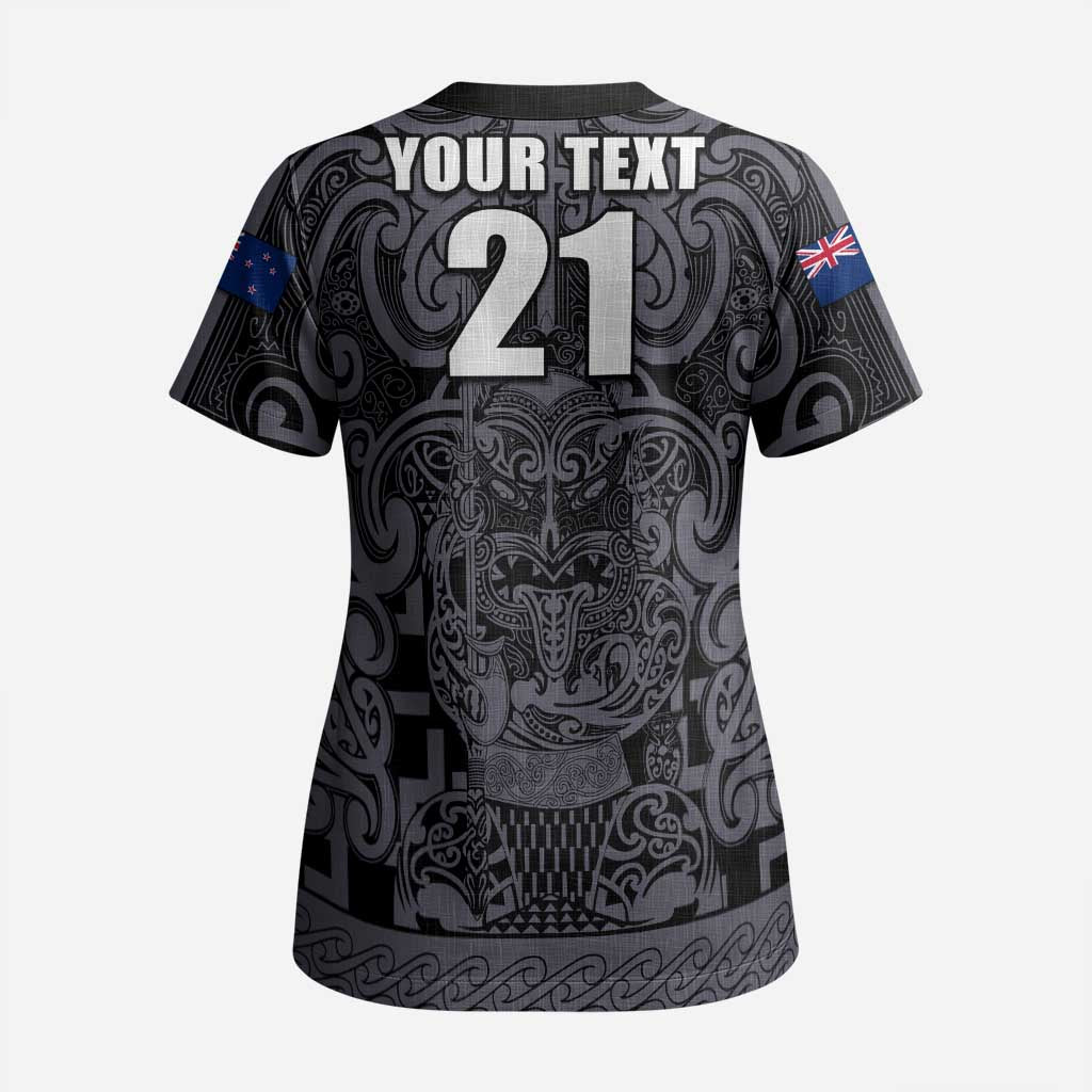 Custom New Zealand Taiaha Maori Scrub Top Minimalist Silver Fern All Black - Polynesian Pride