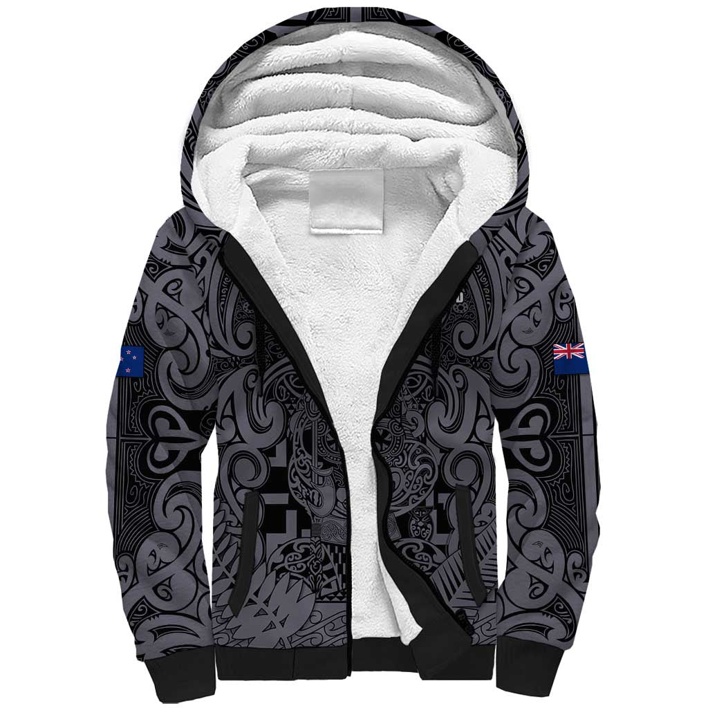 Custom New Zealand Taiaha Maori Sherpa Hoodie Minimalist Silver Fern All Black - Polynesian Pride