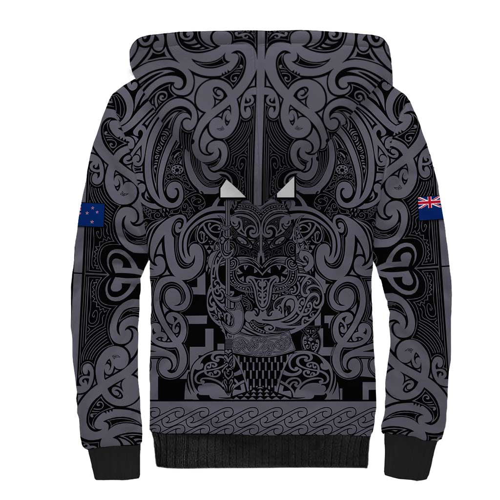 Custom New Zealand Taiaha Maori Sherpa Hoodie Minimalist Silver Fern All Black - Polynesian Pride