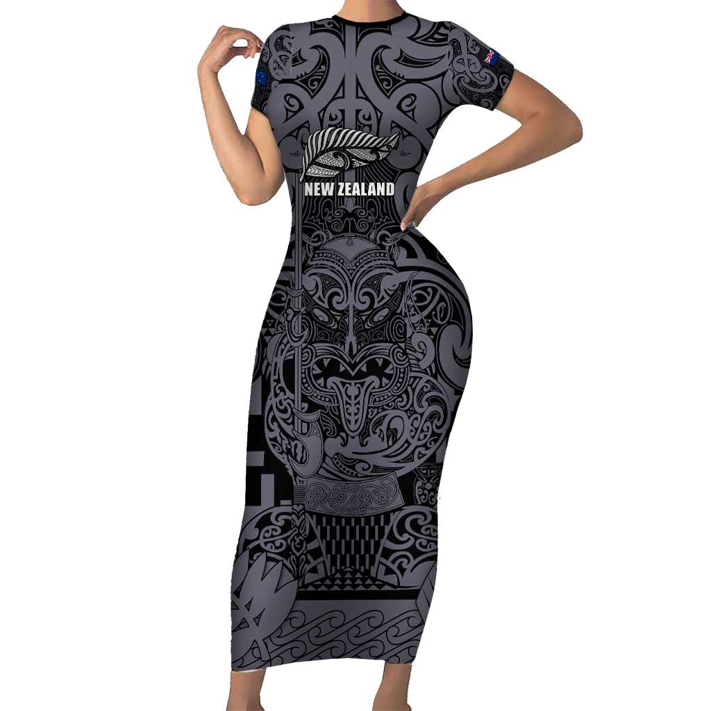 Custom New Zealand Taiaha Maori Short Sleeve Bodycon Dress Minimalist Silver Fern All Black - Polynesian Pride