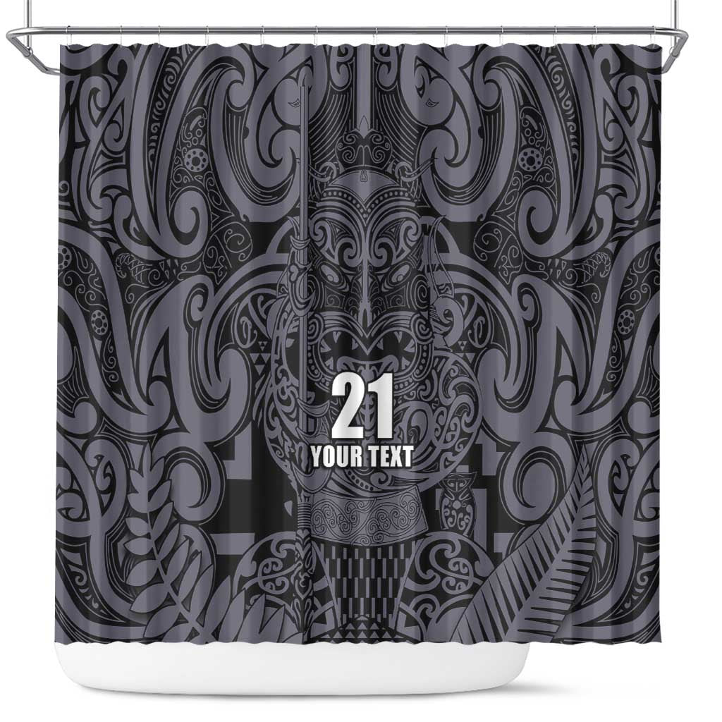 Custom New Zealand Taiaha Maori Shower Curtain Minimalist Silver Fern All Black - Polynesian Pride