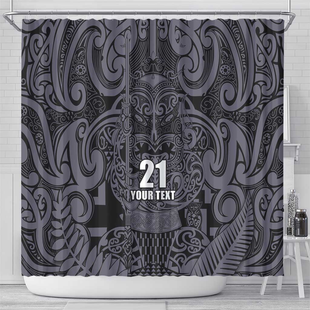Custom New Zealand Taiaha Maori Shower Curtain Minimalist Silver Fern All Black - Polynesian Pride