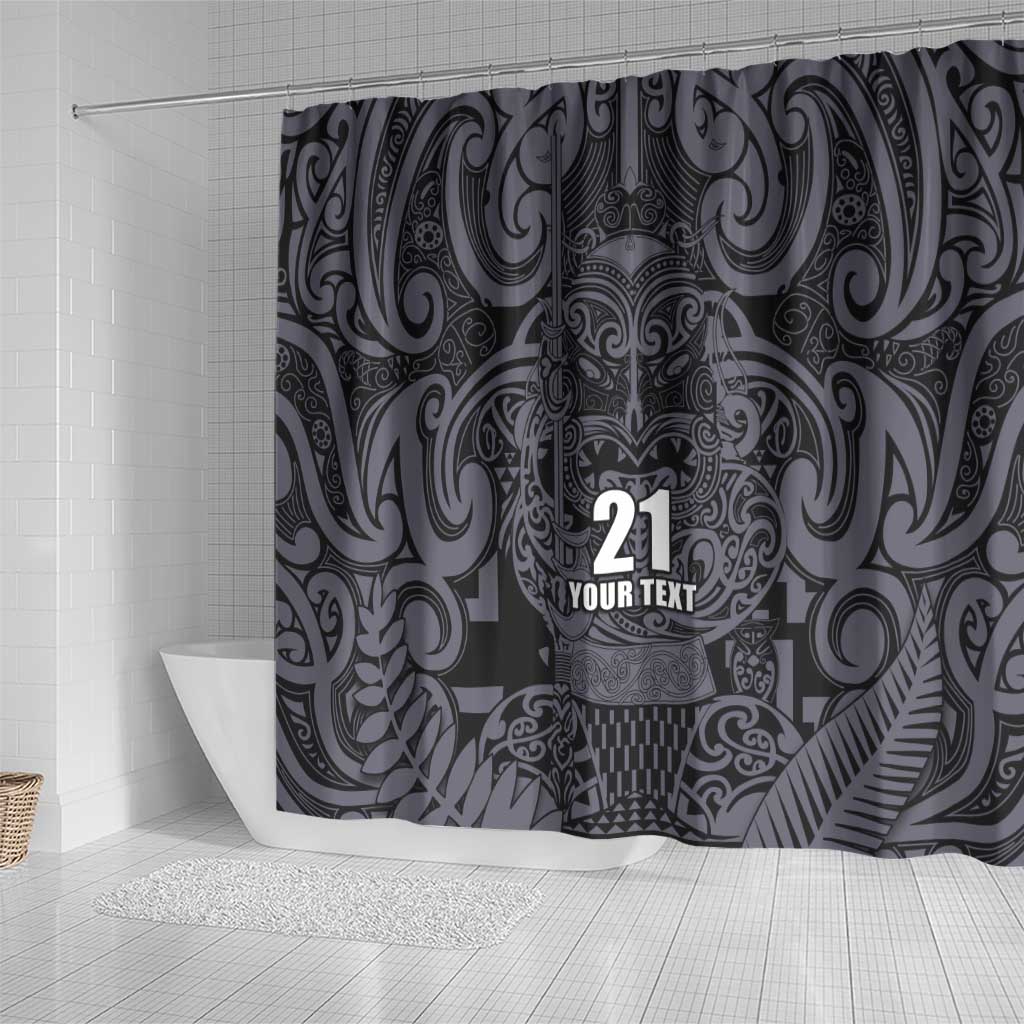 Custom New Zealand Taiaha Maori Shower Curtain Minimalist Silver Fern All Black - Polynesian Pride
