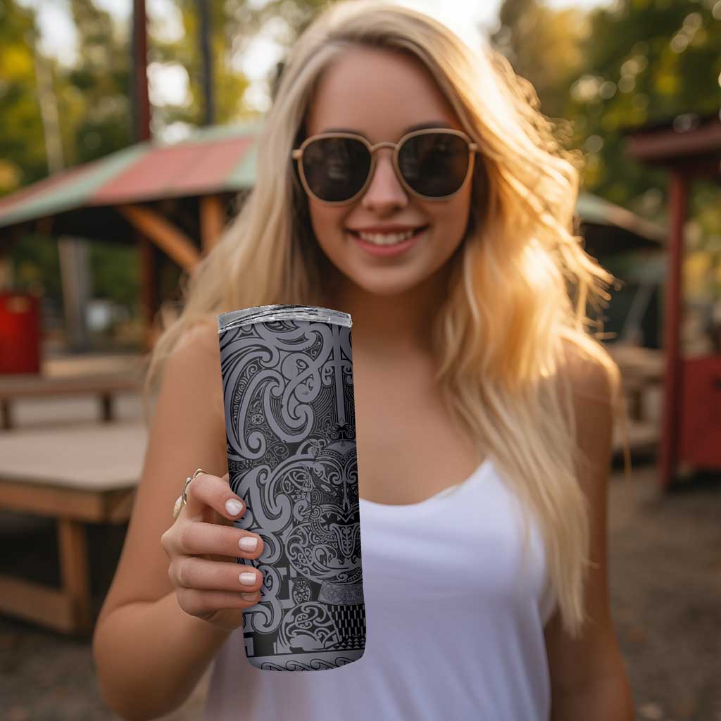 New Zealand Taiaha Maori Skinny Tumbler Minimalist Silver Fern All Black