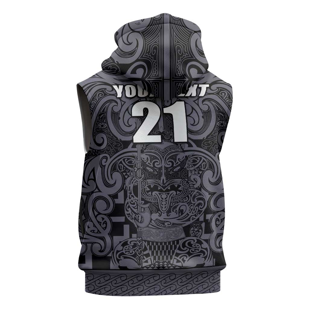 Custom New Zealand Taiaha Maori Sleeveless Hoodie Minimalist Silver Fern All Black - Polynesian Pride
