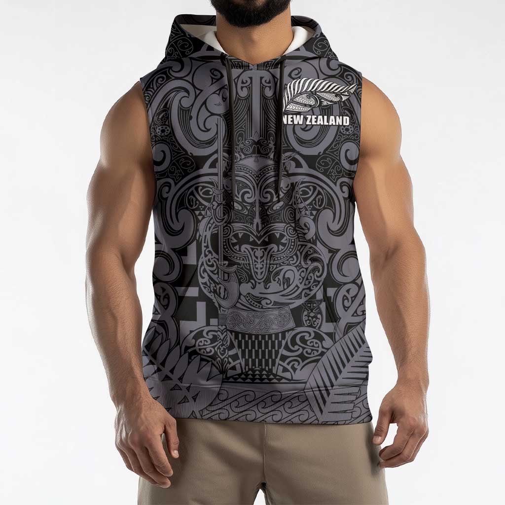 Custom New Zealand Taiaha Maori Sleeveless Hoodie Minimalist Silver Fern All Black - Polynesian Pride