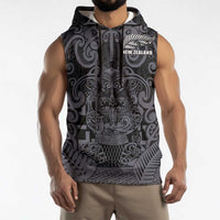 Custom New Zealand Taiaha Maori Sleeveless Hoodie Minimalist Silver Fern All Black - Polynesian Pride