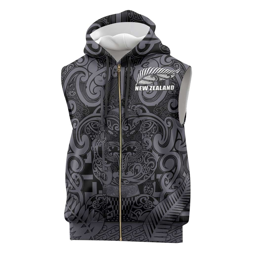 Custom New Zealand Taiaha Maori Sleeveless Zip Hoodie Minimalist Silver Fern All Black - Polynesian Pride