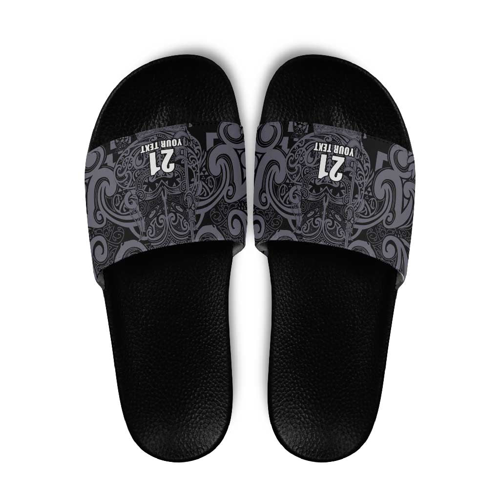 Custom New Zealand Taiaha Maori Slide Sandals Minimalist Silver Fern All Black - Polynesian Pride
