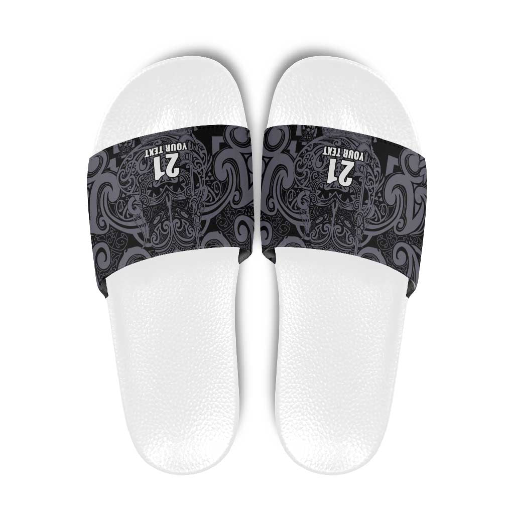 Custom New Zealand Taiaha Maori Slide Sandals Minimalist Silver Fern All Black - Polynesian Pride