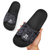 Custom New Zealand Taiaha Maori Slide Sandals Minimalist Silver Fern All Black - Polynesian Pride