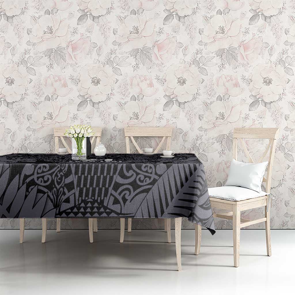 Custom New Zealand Taiaha Maori Tablecloth Minimalist Silver Fern All Black - Polynesian Pride